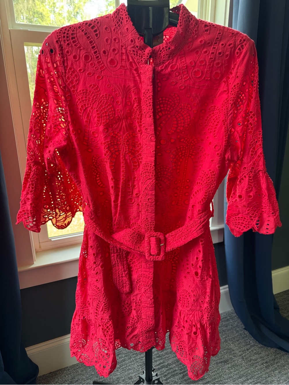 FARM Rio Red Palm Tree Eyelet Mini Shirtdress Lace Belted Size Large LIKE NEW